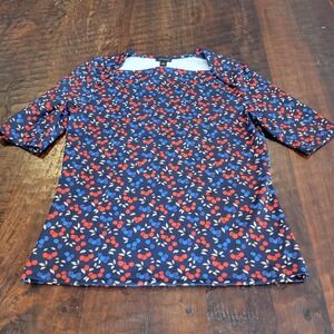 Ann Taylor Short Sleeve Blouse Blue Cherry Print Square Neck Top Women's XS NWT